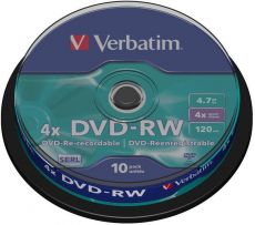 Диск DVD-RW Verbatim 4.7Gb 4x Cake Box (10шт) 43552
